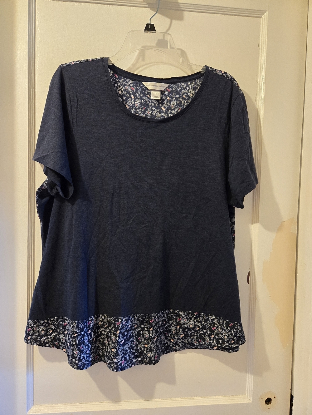 Christopher & Banks Navy Short Sleeve Tee with Floral Trim
